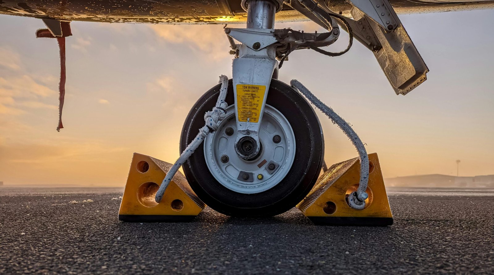 Aircraft wheel secured with chocks at sunset in Sylt, Germany.